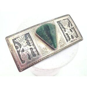 Vintage Sterling Silver Aztec Brooch With Trillion Green Onyx Inlay VERY RARE